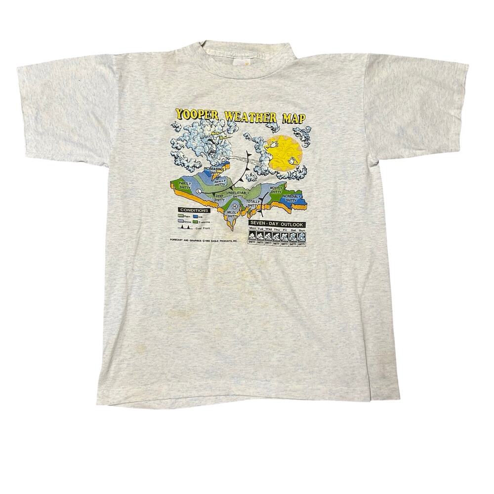 Vtg 90s Michigan Upper Peninsula Graphic Tee Mens Large Gray Weather Map Yooper